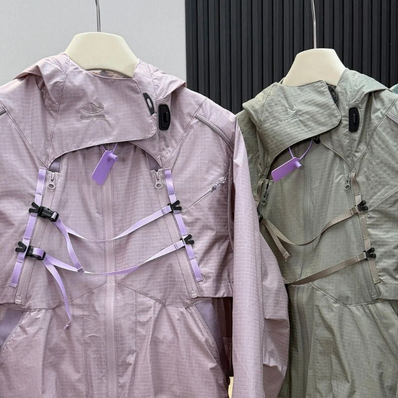 2 Piece Y2K Reflective Waterproof Techwear Jacket Coat — vista frontale