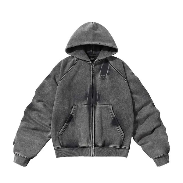 American Vintage Y2K Distressed Gradient Pile Baggy Zip Up Hoodie — vista frontale