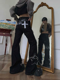 Black Skinny Y2K Low Rise Flared Denim Cargo Jeans — vista frontale