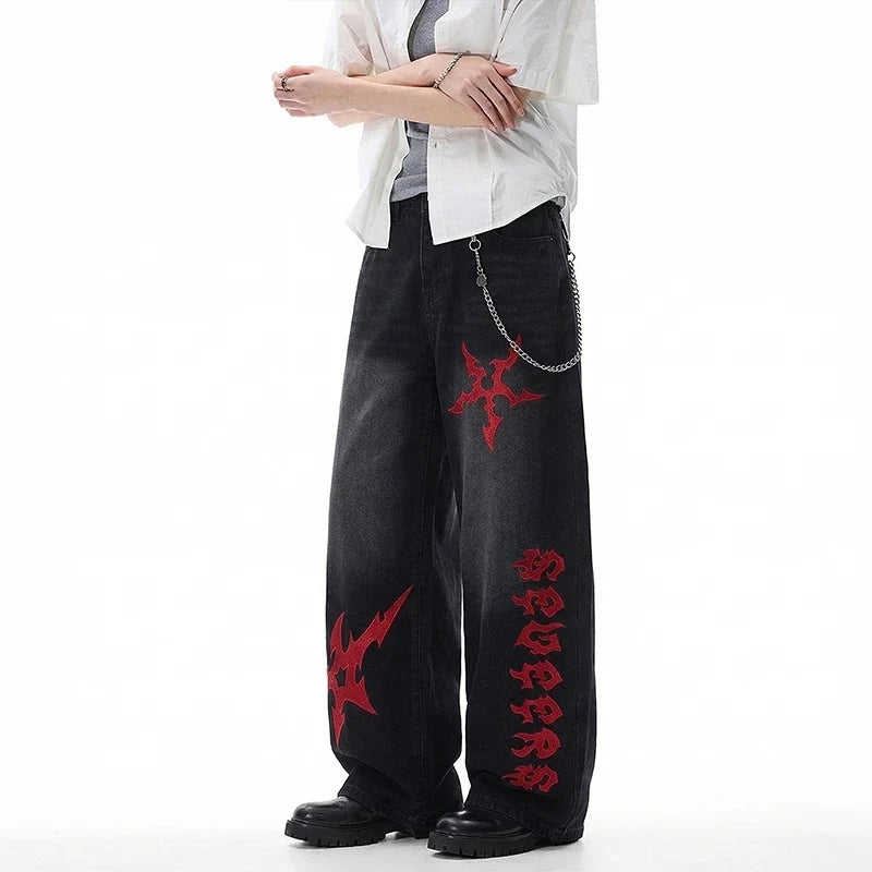 Black Y2K Red Shuriken Thorn Embroidered Graphic Baggy Jeans — dettaglio