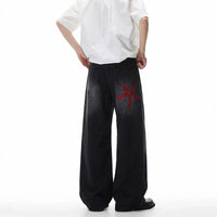 Black Y2K Red Shuriken Thorn Embroidered Graphic Baggy Jeans — in alternativa