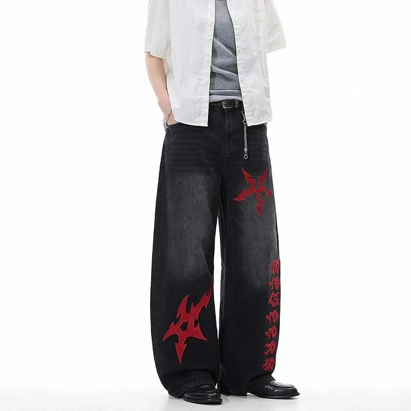 Black Y2K Red Shuriken Thorn Embroidered Graphic Baggy Jeans — vista posteriore