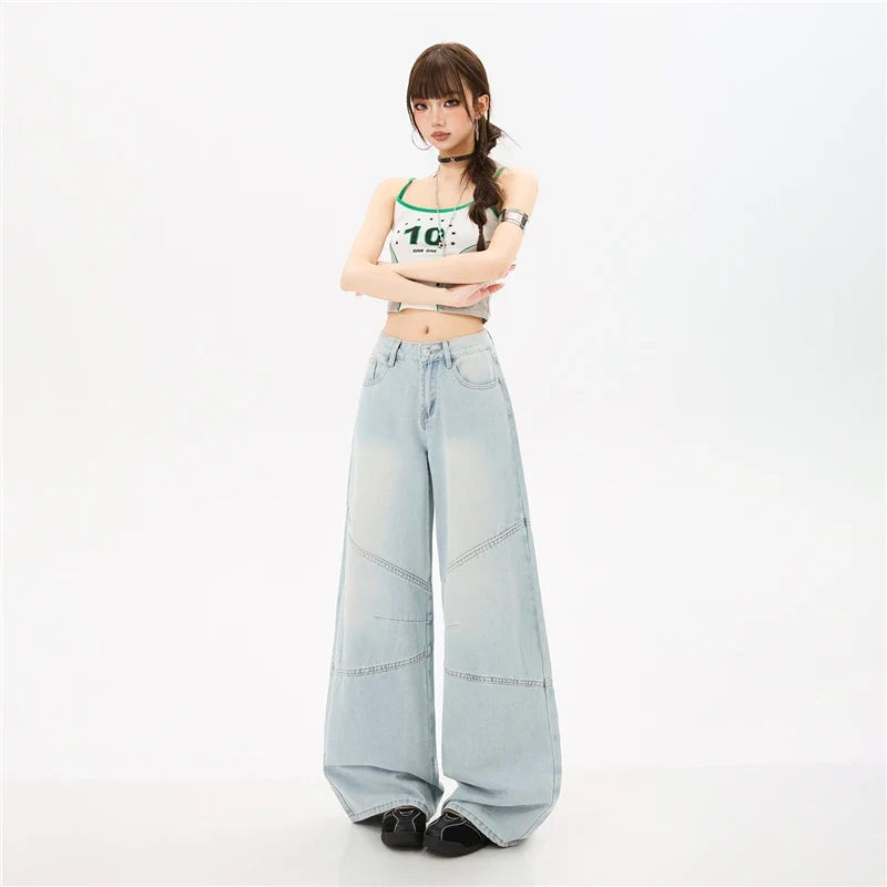 Blue Y2K Wide Leg Baggy High Waist Jeans — vista frontale
