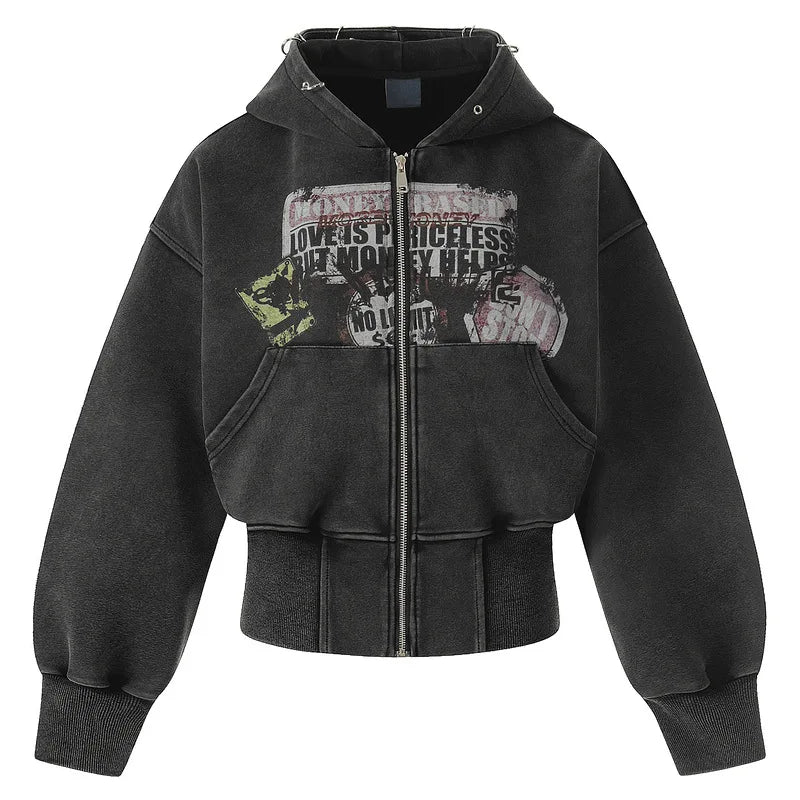Cropped Y2K Graphic Washed Old Zip Up Hoodie — vista frontale