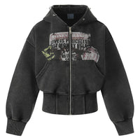 Cropped Y2K Graphic Washed Old Zip Up Hoodie — vista frontale
