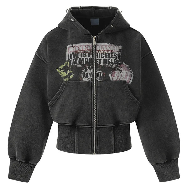 Cropped Y2K Graphic Washed Old Zip Up Hoodie — vista frontale
