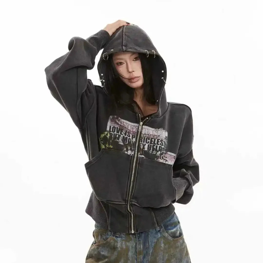 Cropped Y2K Graphic Washed Old Zip Up Hoodie — vista posteriore