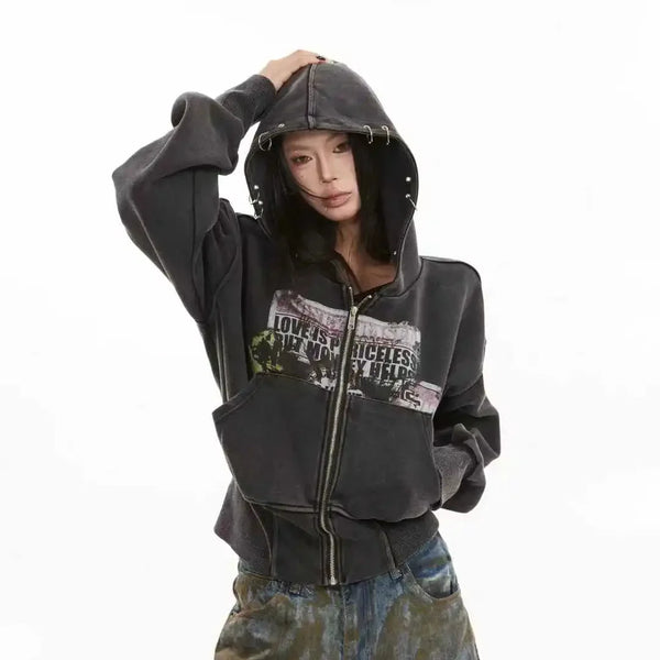 Cropped Y2K Graphic Washed Old Zip Up Hoodie