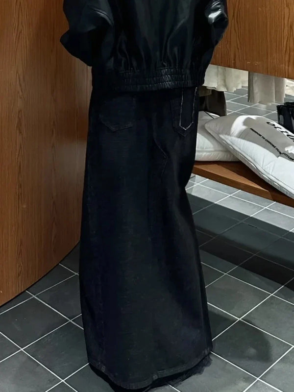Dark Core Y2k Grunge Denim Maxi Skirt