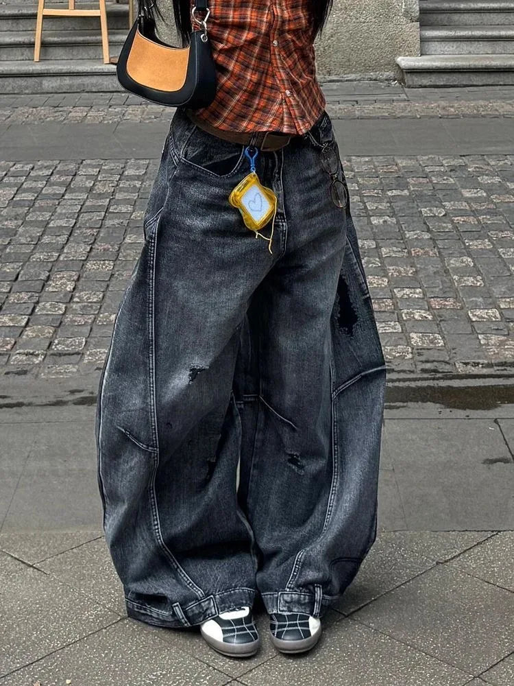 Dark Y2K High Waisted Baggy Barrel Jeans — dettaglio
