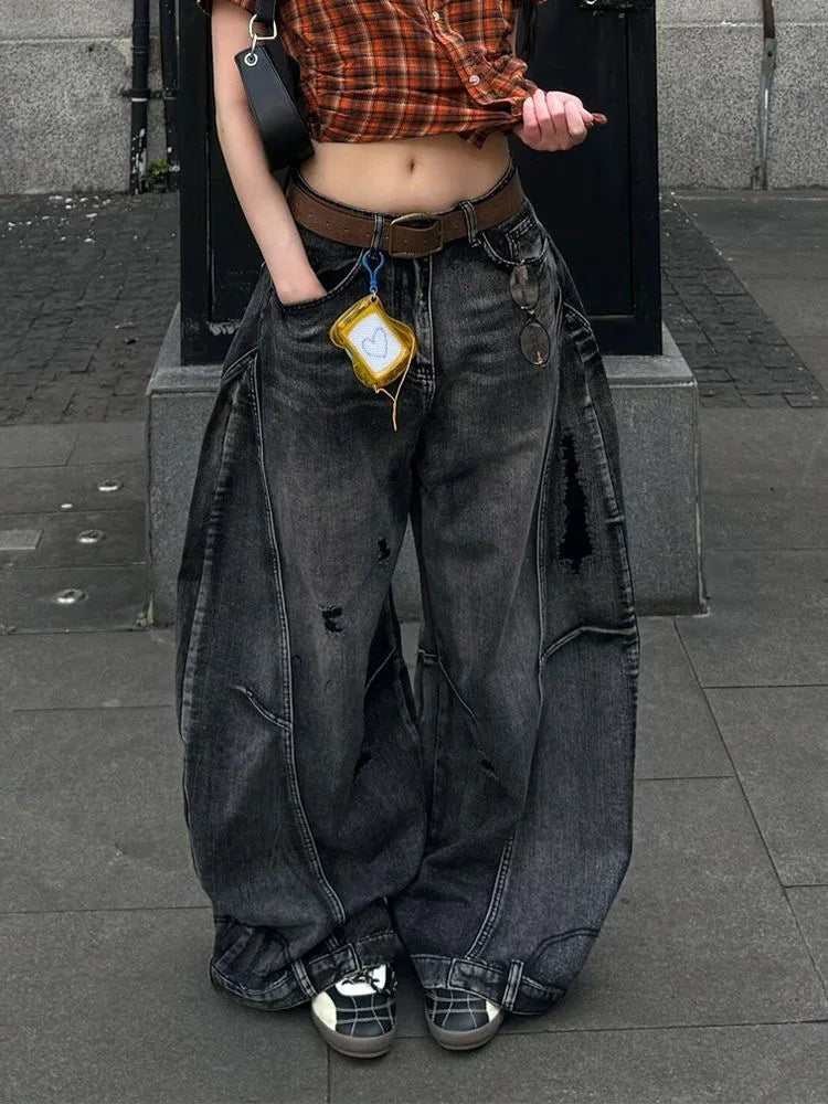 Dark Y2K High Waisted Baggy Barrel Jeans — vista frontale