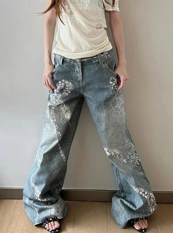 Distressed Y2K Baggy Grunge Star Denim Jeans — dettaglio