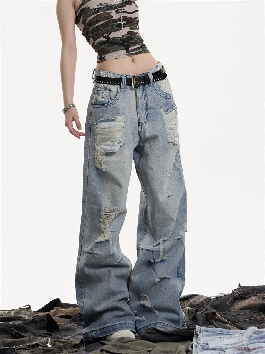 Distressed Y2K High Waist Flared Jeans — dettaglio