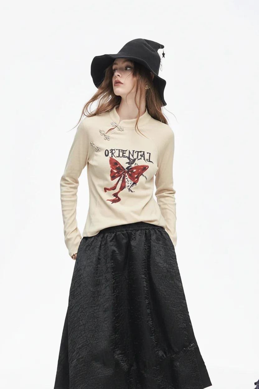 Irregular Button Collar Bow Graphic Long Sleeve Top — dettaglio