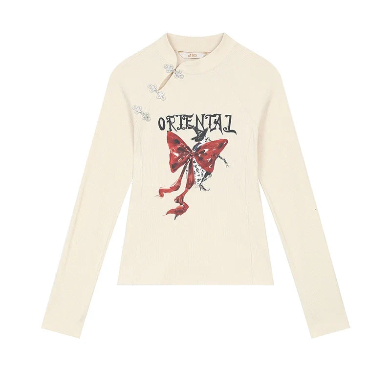 Irregular Button Collar Bow Graphic Long Sleeve Top — vista frontale