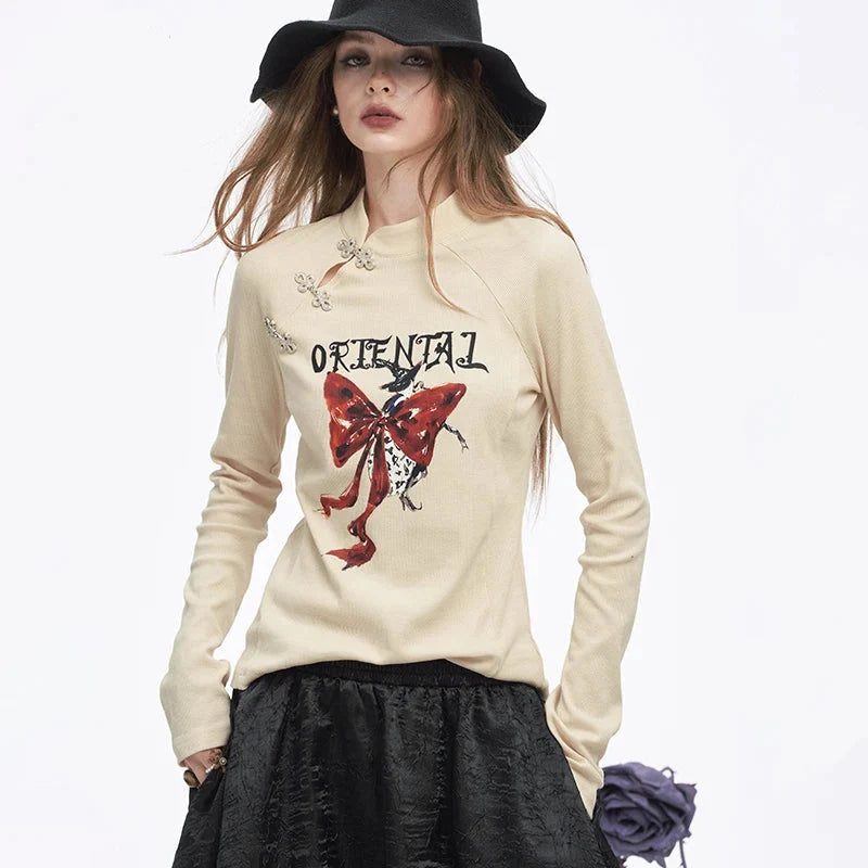 Irregular Button Collar Bow Graphic Long Sleeve Top — vista posteriore