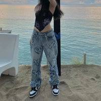 Embroidered Patchwork Y2K Baggy Low Waist 90S Jeans — dettaglio