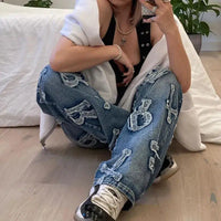 Embroidered Patchwork Y2K Baggy Low Waist 90S Jeans — vista posteriore