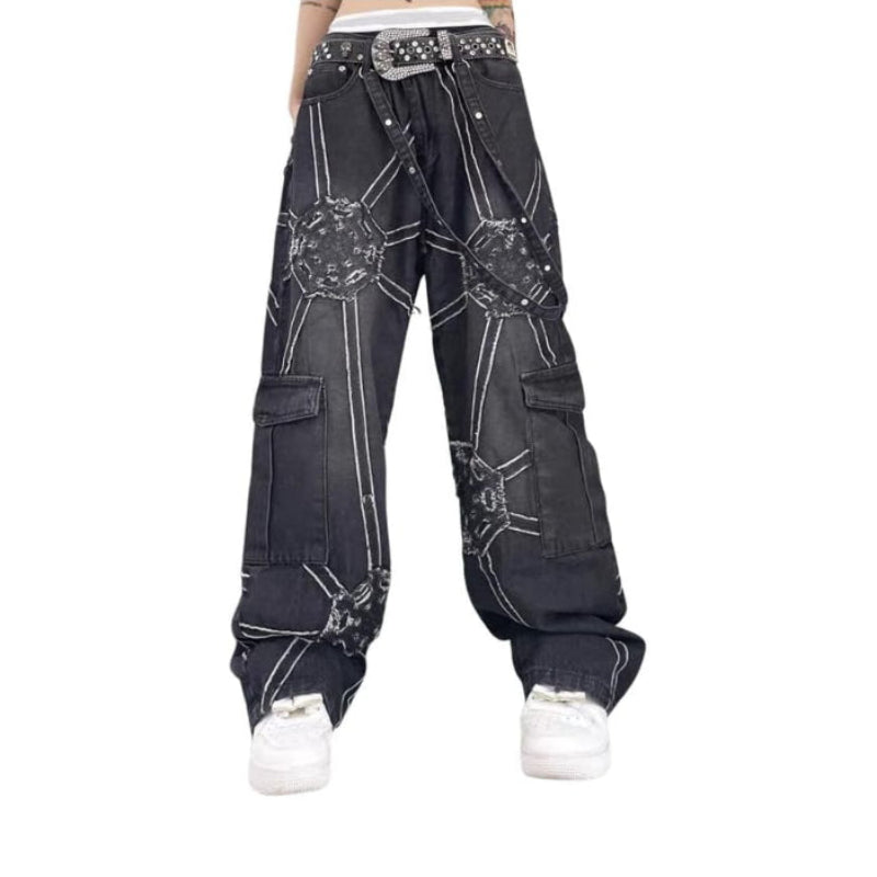 Embroidered Spider Web Y2K Jeans — dettaglio