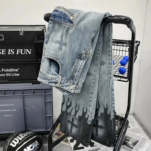 Flame Y2K Cross Graphic Print Straight Baggy Jeans