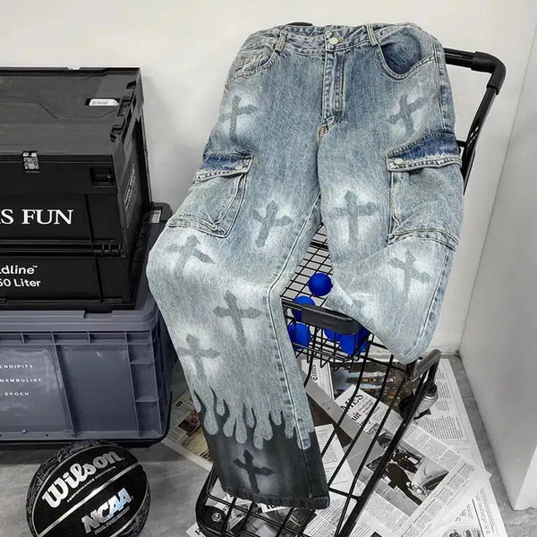 Flame Y2K Cross Graphic Print Straight Baggy Jeans — vista frontale