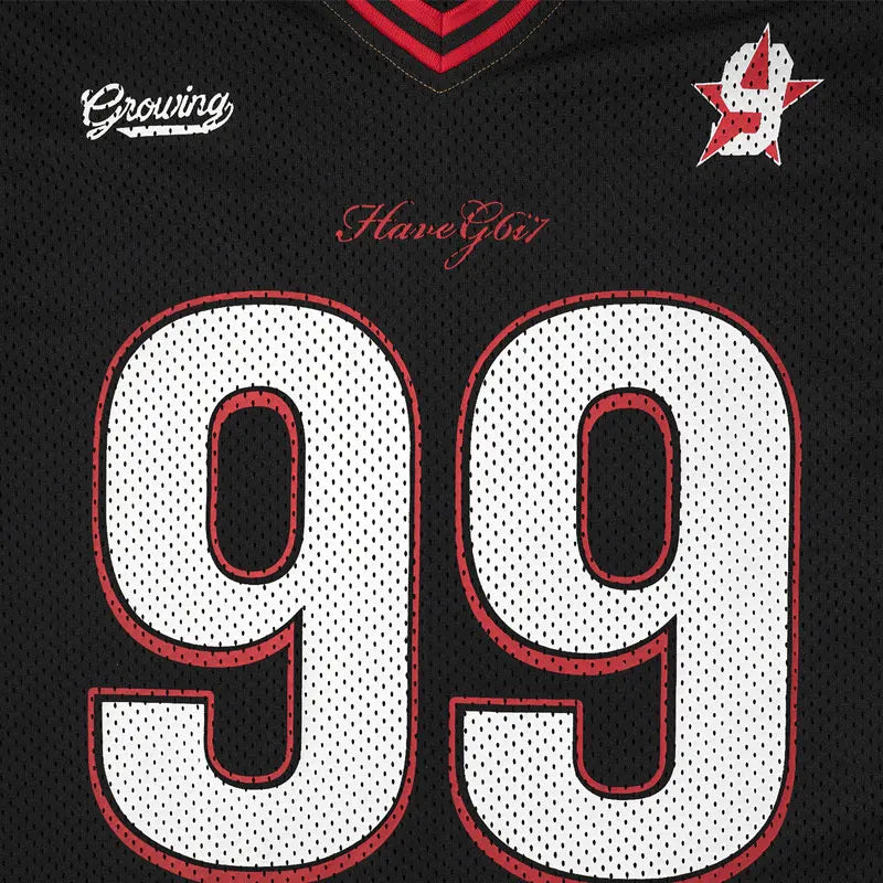Gold Accent "Growing the World" Y2K Football Jersey — dettaglio della stampa