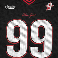 Gold Accent "Growing the World" Y2K Football Jersey — dettaglio della stampa