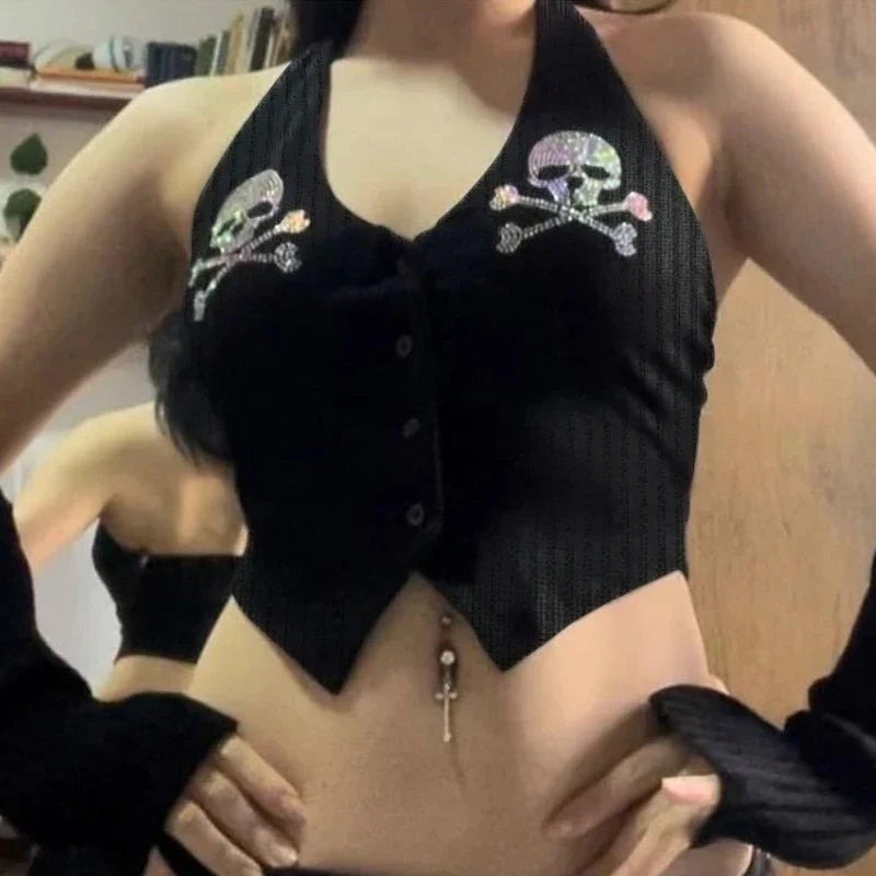 Gothic Y2K Button Rhinestone Halter Cami Top — dettaglio del tessuto