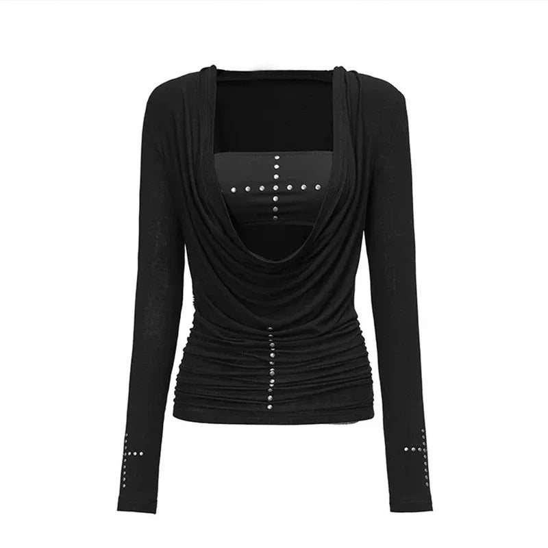 Gothic Y2K Irregular Rivet Long Sleeve Top — dettaglio della stampa