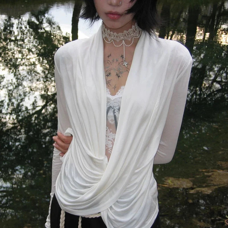 Grunge Y2K Plunge Low Cut Long Sleeve Top — vista frontale