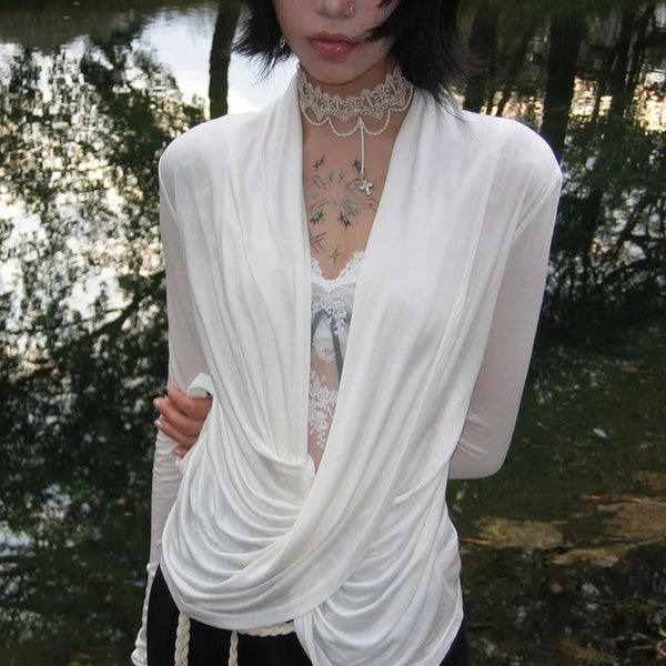 Grunge Y2K Plunge Low Cut Long Sleeve Top — vista frontale