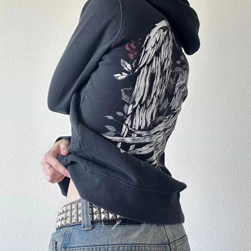 Grunge Y2K Winged Graphic Hoodie — vista frontale