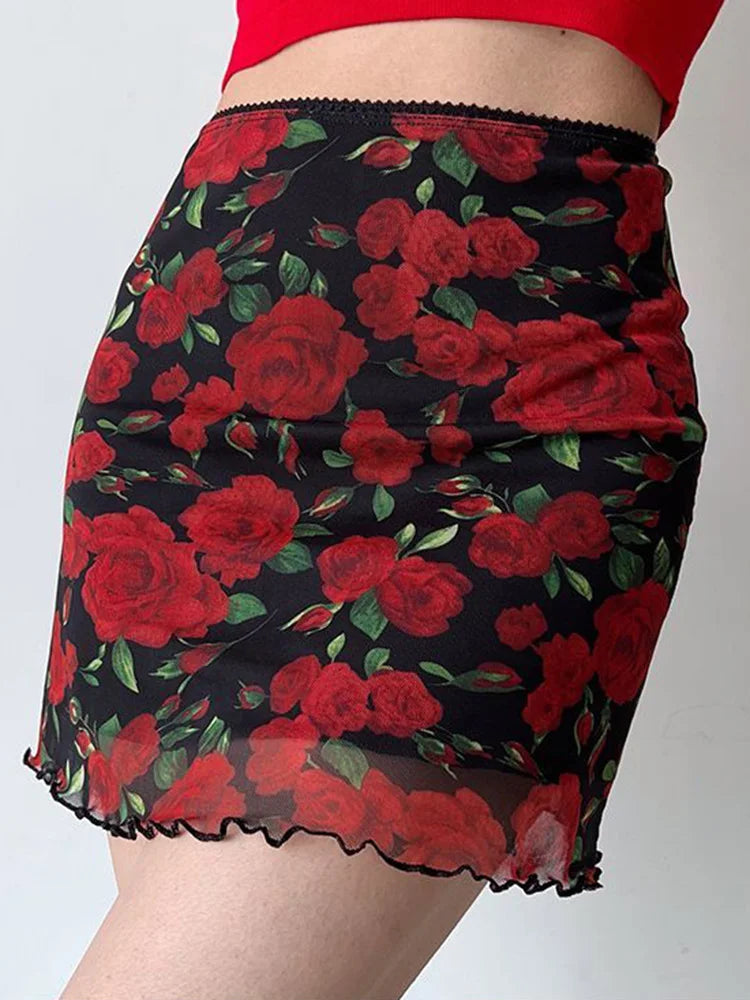 High Waist Y2K Mesh Rose Print Mini Skirt — vista frontale