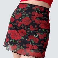 High Waist Y2K Mesh Rose Print Mini Skirt — vista posteriore