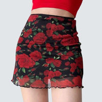High Waist Y2K Mesh Rose Print Mini Skirt — dettaglio