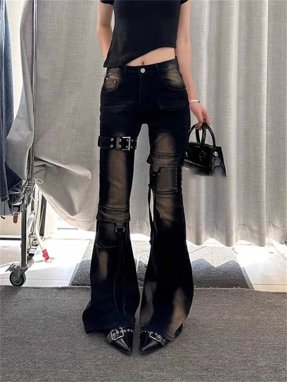 High Waist Y2K Washed Cargo Flared Jeans — vista posteriore