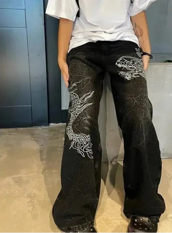 Japanese Embroidered Y2K Jeans — vista frontale