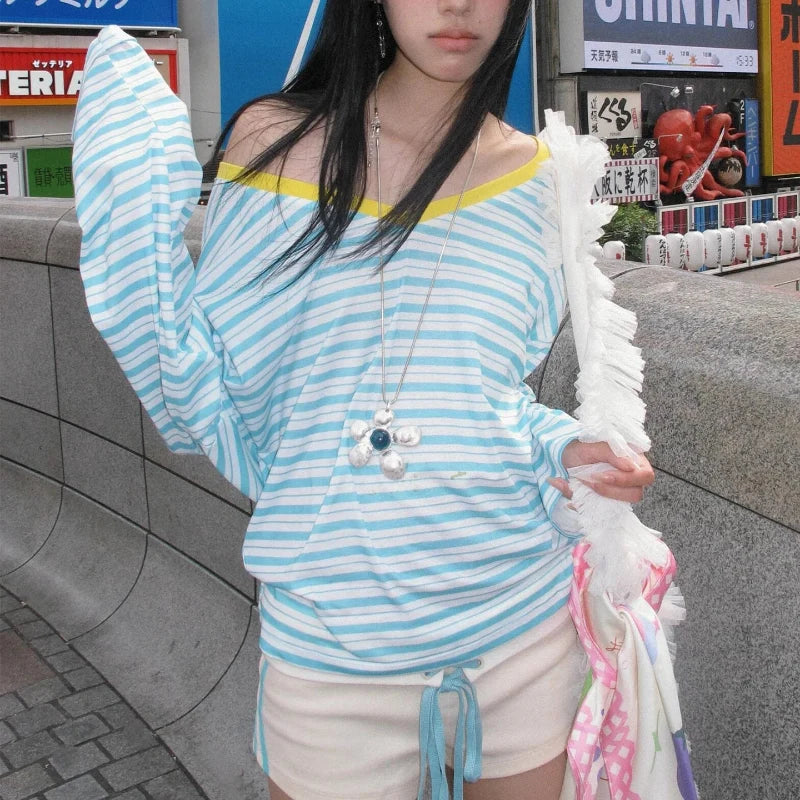 Japanese Y2K Blue Striped Low Cut V Neck Long Sleeve Top — vista frontale