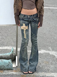 Japanese Y2K Distressed Cross Skinny Flared Jeans — dettaglio