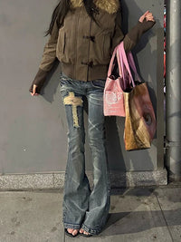 Japanese Y2K Distressed Cross Skinny Flared Jeans — vista laterale