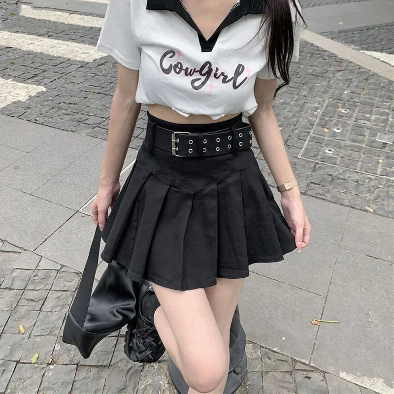 Korean Y2K High Waist With Belt Pleated Mini Skirt — dettaglio