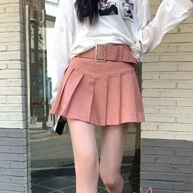Korean Y2K High Waist With Belt Pleated Mini Skirt — vista frontale