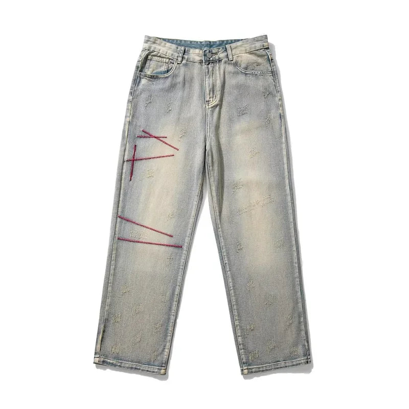 Mens Baggy Straight Leg Distressed Y2K Jeans — vista frontale