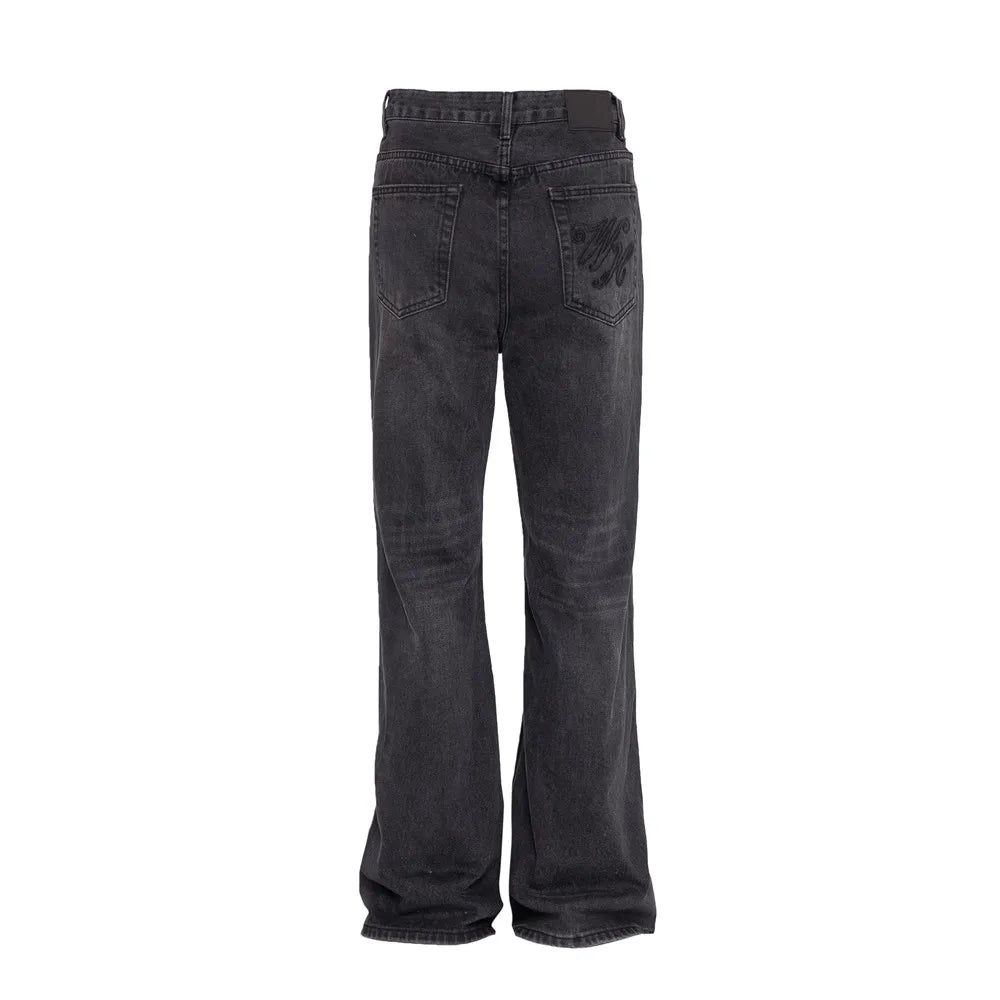 Mens Black Y2K Letter Embroidered Flared Denim Jeans — vista laterale