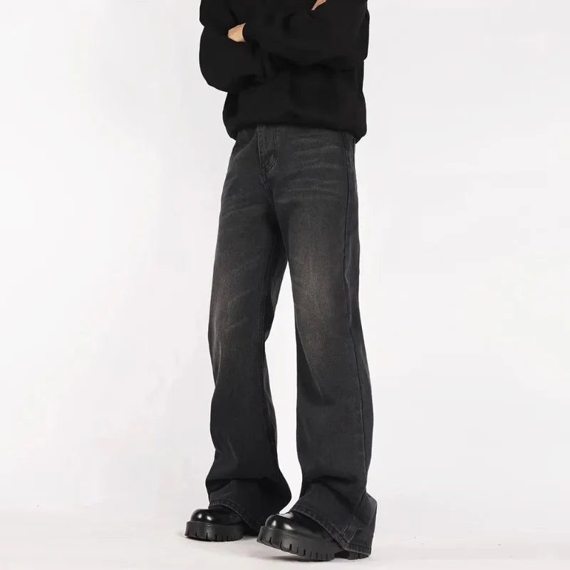 Mens Black Y2K Letter Embroidered Flared Denim Jeans — vista posteriore