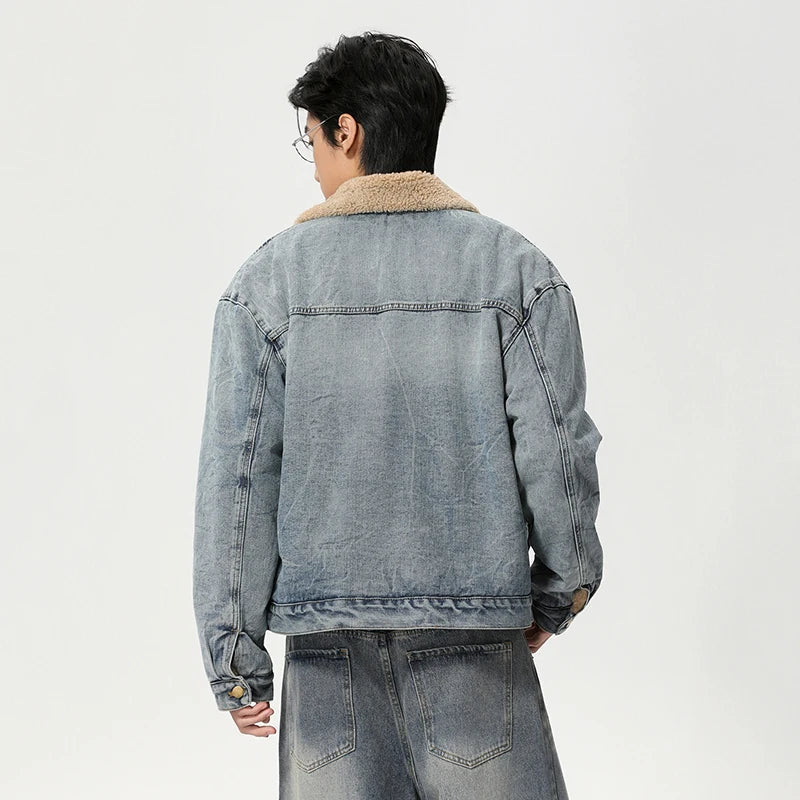 Mens Y2K Faux Wool Collar Washed Denim Jacket — in alternativa