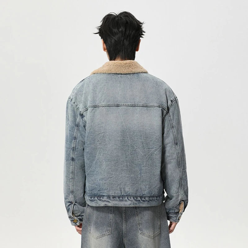 Mens Y2K Faux Wool Collar Washed Denim Jacket — vista laterale