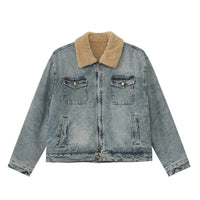 Mens Y2K Faux Wool Collar Washed Denim Jacket — vista frontale