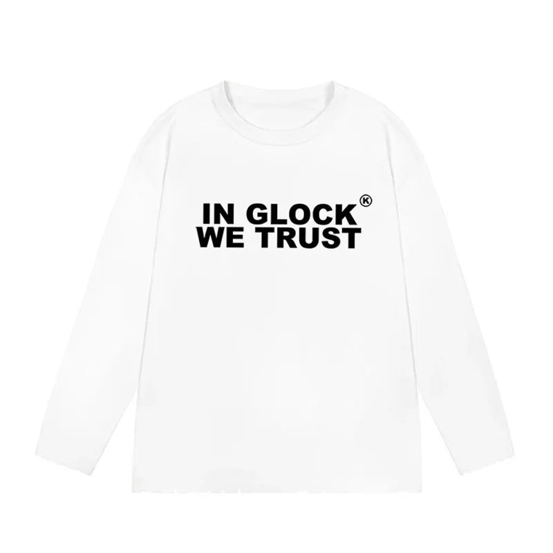 Mens Y2K "IN GLOCK WE TRUST" Graphic Long Sleeve Top T Shirt — vista frontale