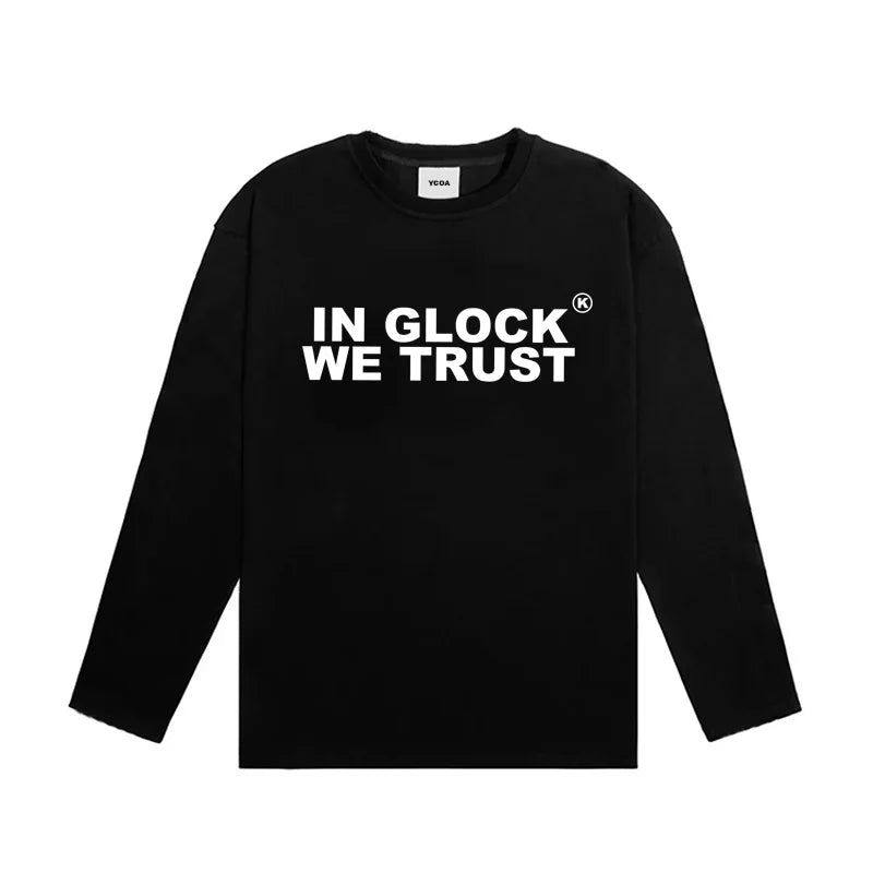 Mens Y2K "IN GLOCK WE TRUST" Graphic Long Sleeve Top T Shirt — vista posteriore